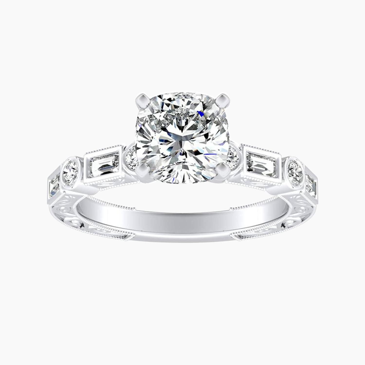 Auriya 14K Gold Lab Grown Diamond Cushion Cut Bezel Multi Shape Art Deco Engraved Engagement Ring 1.32 5.32Ct. Tw. F G Vs