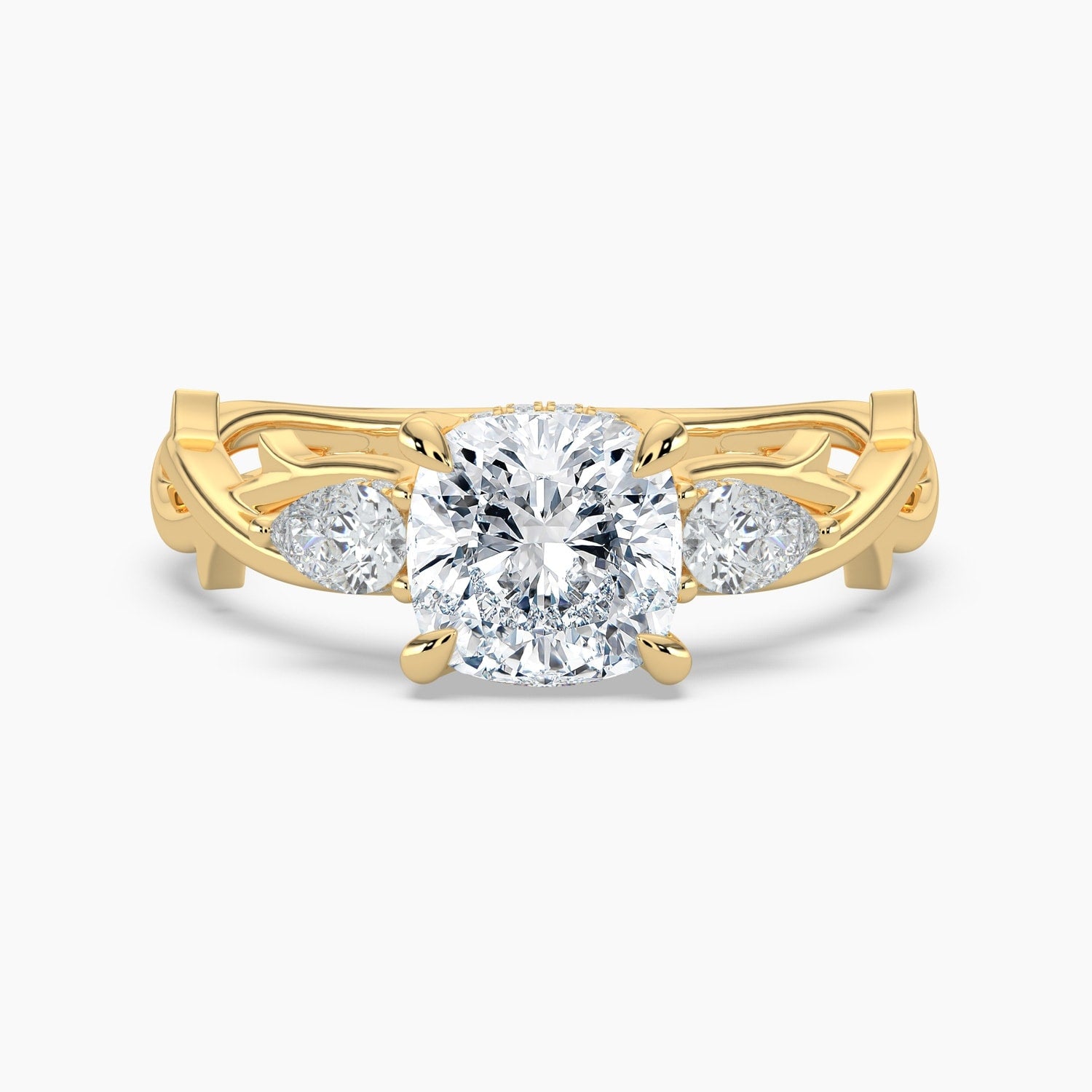 Auriya 14K Gold Lab Grown Diamond Cushion Cut Thorn Vine Three Stone Hidden Halo Engagement Ring 1.34 5.34Ct. Tw. F G Vs