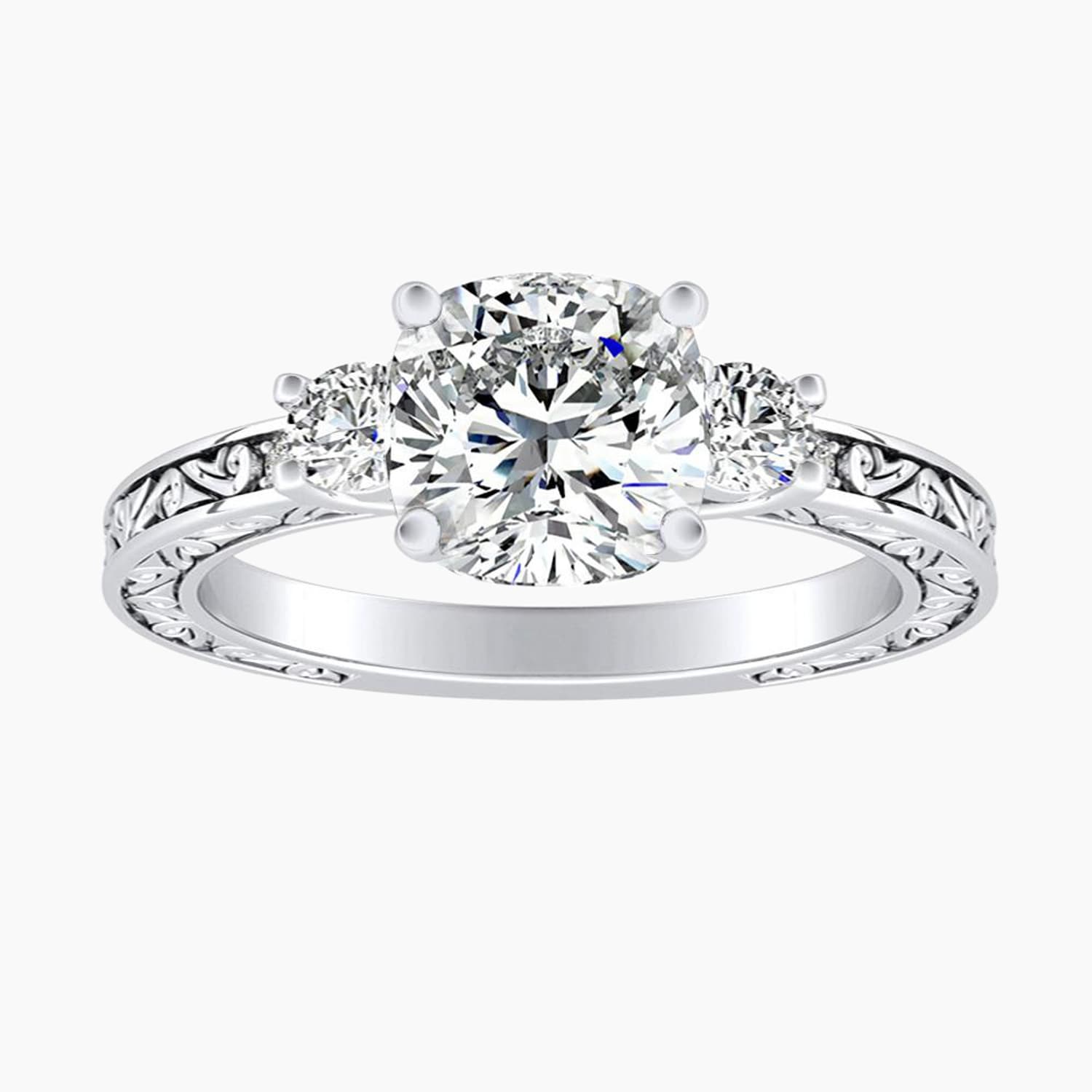 Auriya 14K Gold Lab Grown Diamond Cushion Cut Three Stone Fern Leaf Antique Engagement Ring 1.32 5.32Ct. Tw. F G Vs