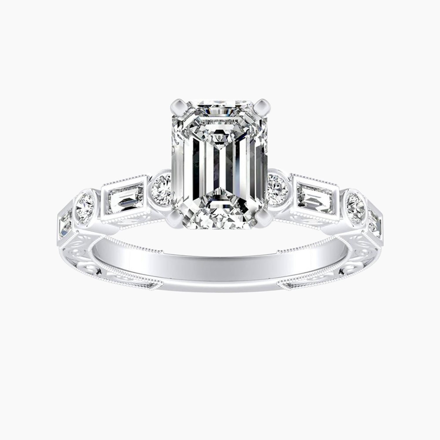 Auriya 14K Gold Lab Grown Diamond Emerald Cut Bezel Multi Shape Art Deco Engraved Engagement Ring 1.32 5.32Ct. Tw. F G Vs