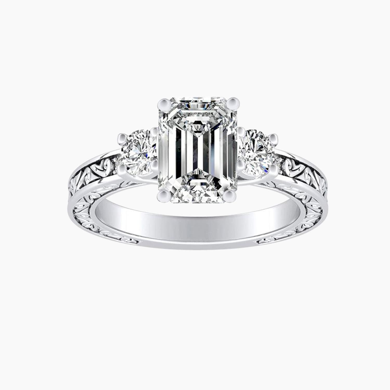 Auriya 14K Gold Lab Grown Diamond Emerald Cut Three Stone Fern Leaf Antique Engagement Ring 1.32 5.32Ct. Tw. F G Vs