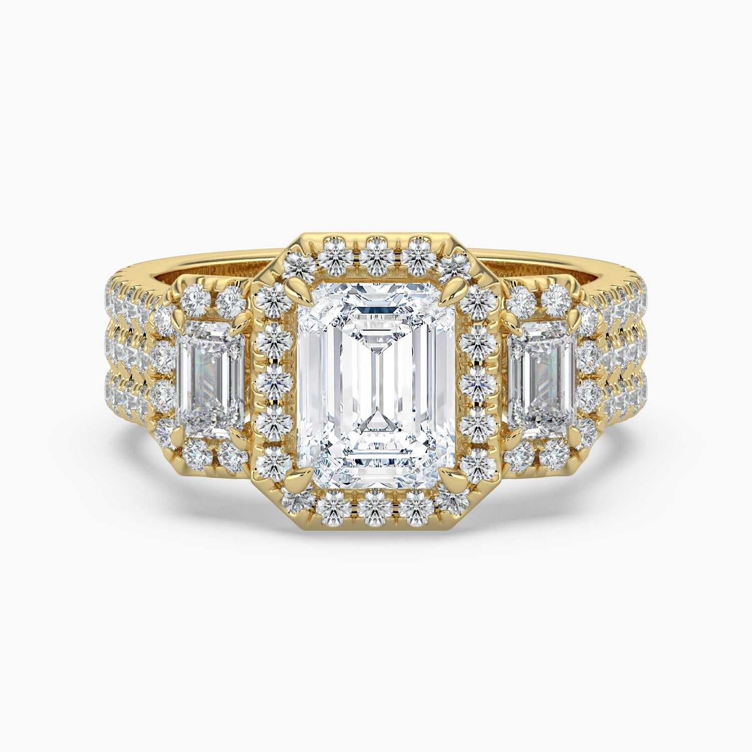 Auriya 14K Gold Lab Grown Diamond Emerald Cut Three Stone Three Row Halo Engagement Ring 2.99 6.99Ct. Tw. F G Vs