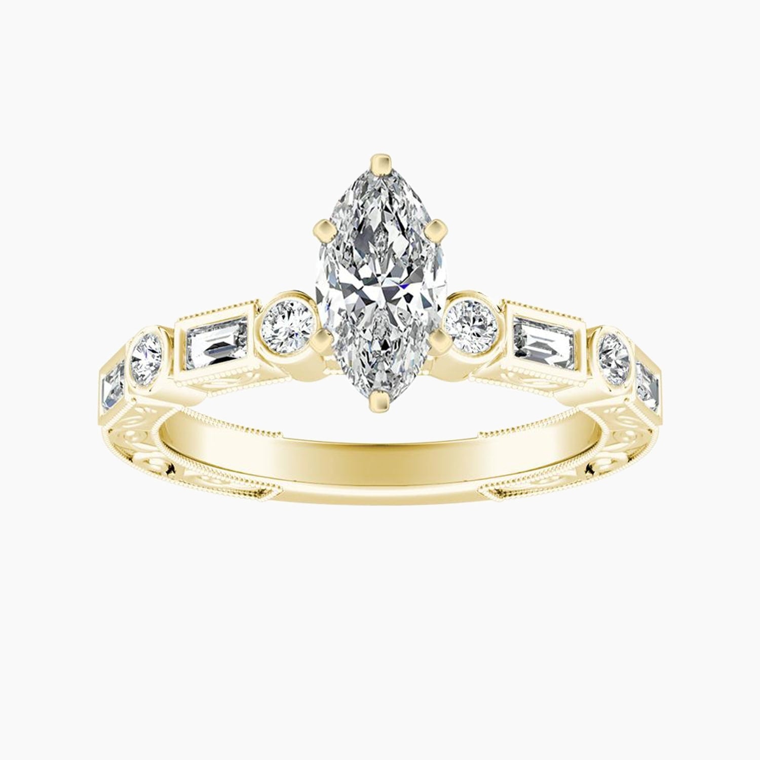 Auriya 14K Gold Lab Grown Diamond Marquise Bezel Multi Shape Art Deco Engraved Engagement Ring 1.32 5.32Ct. Tw. F G Vs
