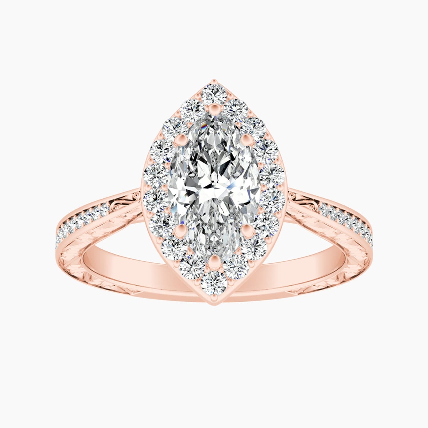 Auriya 14K Gold Lab Grown Diamond Marquise Halo Tapered Engraved Engagement Ring 1.40 5.40Ct. Tw. F G Vs
