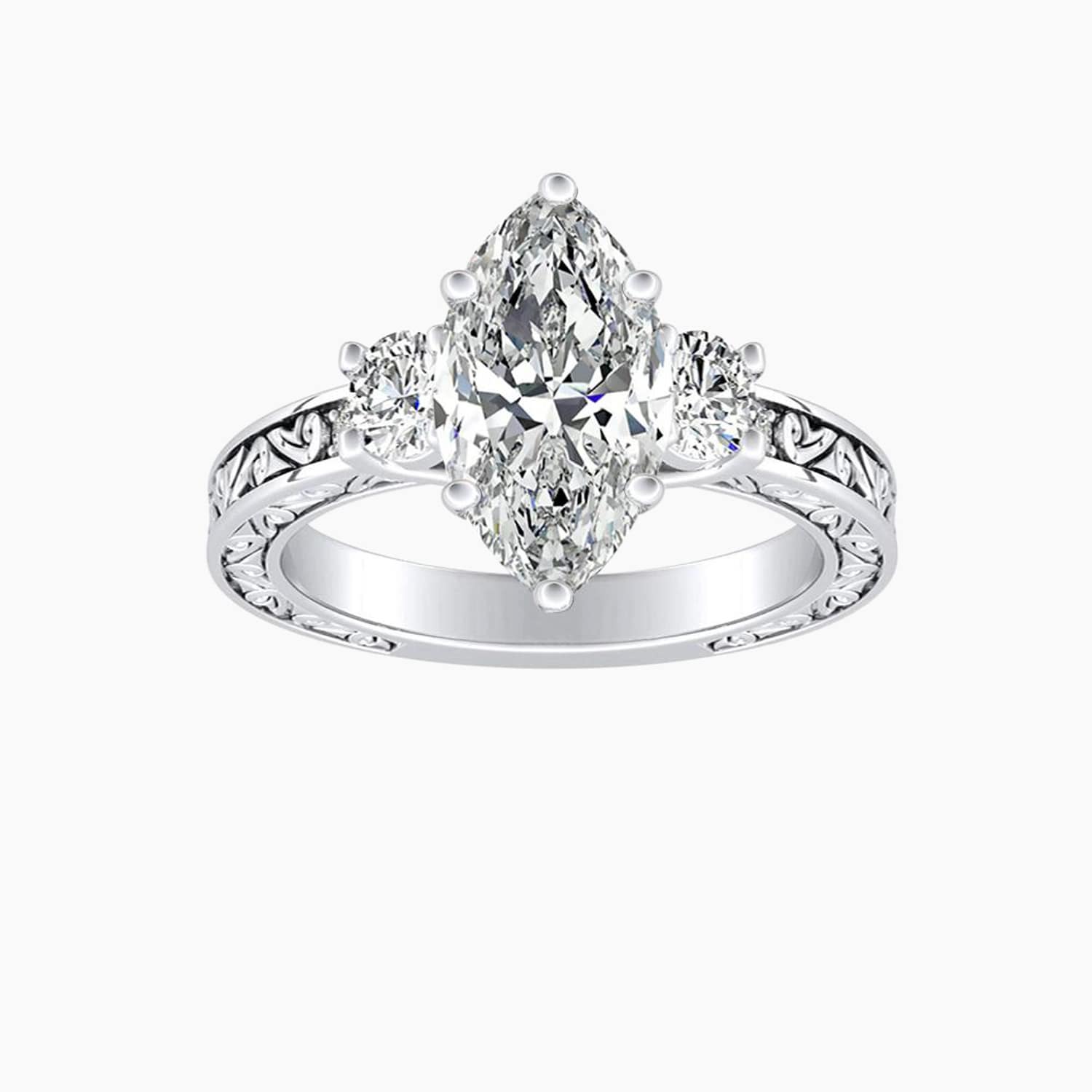 Auriya 14K Gold Lab Grown Diamond Marquise Three Stone Fern Leaf Antique Engagement Ring 1.32 5.32Ct. Tw. F G Vs