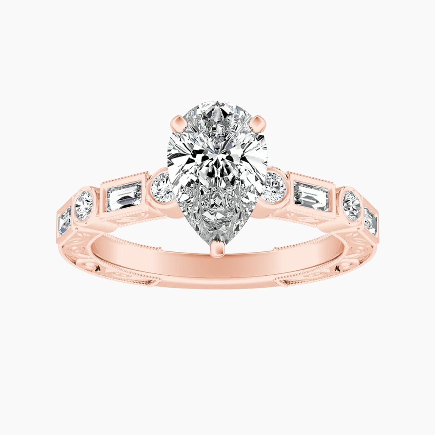 Auriya 14K Gold Lab Grown Diamond Pear Shape Bezel Multi Shape Art Deco Engraved Engagement Ring 1.32 5.32Ct. Tw. F G Vs