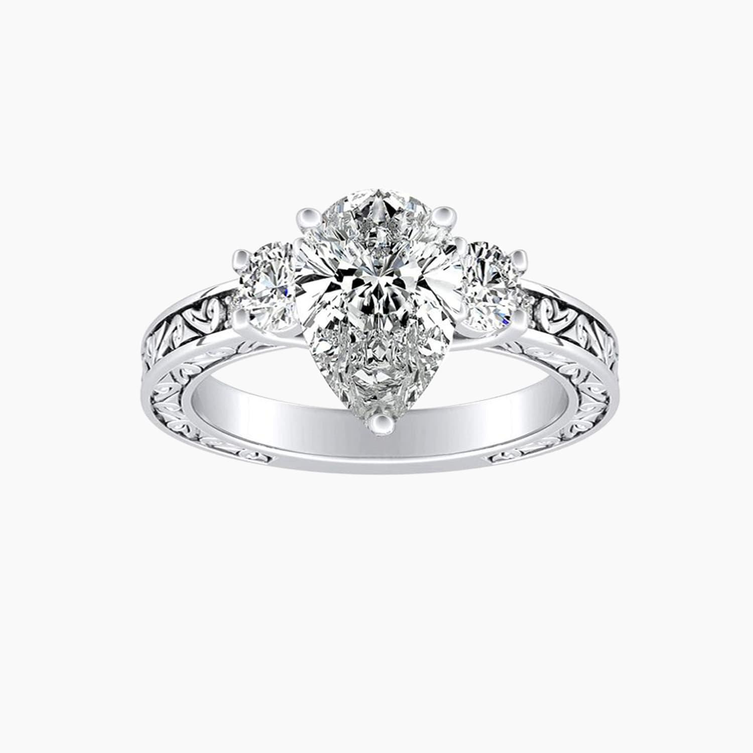 Auriya 14K Gold Lab Grown Diamond Pear Shape Three Stone Fern Leaf Antique Engagement Ring 1.32 5.32Ct. Tw. F G Vs