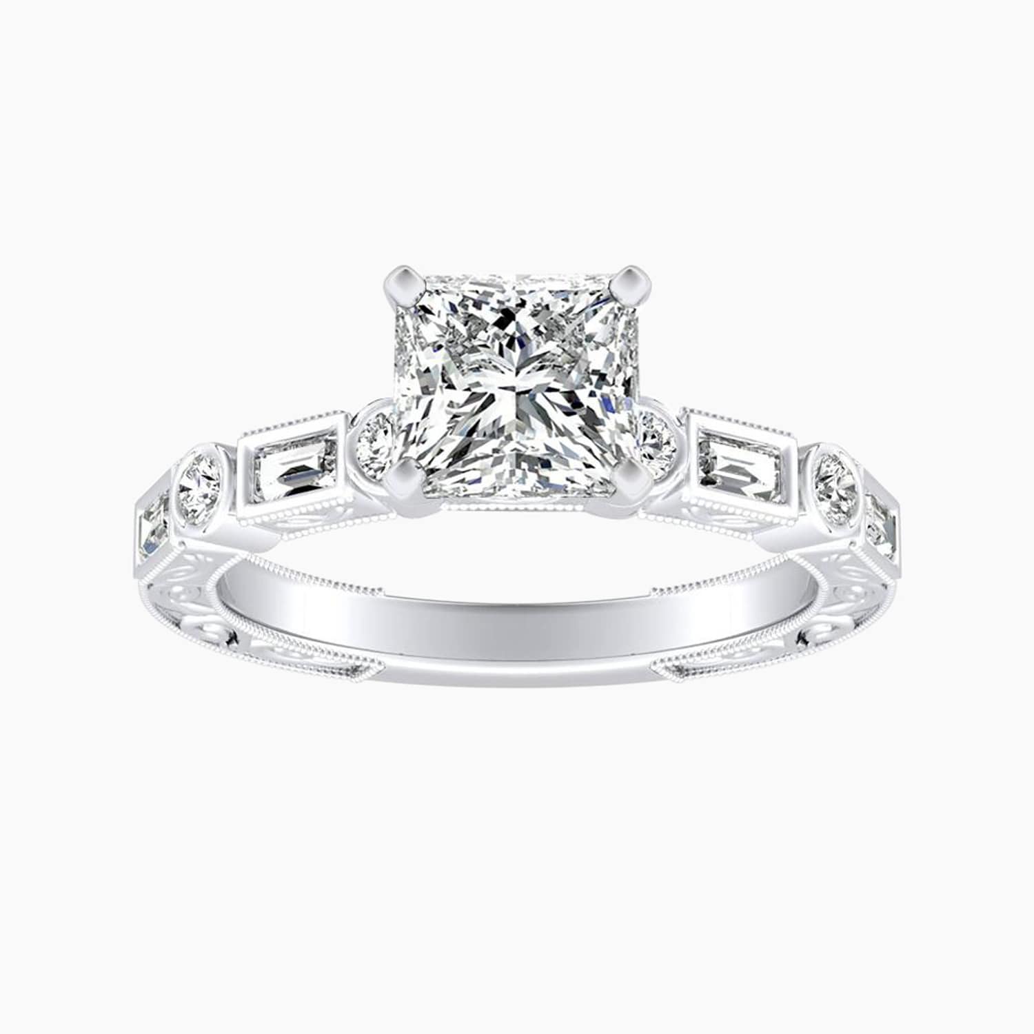 Auriya 14K Gold Lab Grown Diamond Princess Cut Bezel Multi Shape Art Deco Engraved Engagement Ring 1.32 5.32Ct. Tw. F G Vs
