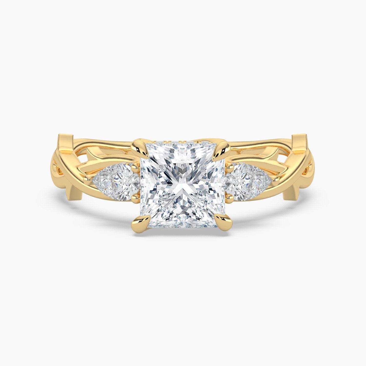 Auriya 14K Gold Lab Grown Diamond Princess Cut Thorn Vine Three Stone Hidden Halo Engagement Ring 1.34 5.34Ct. Tw. F G Vs