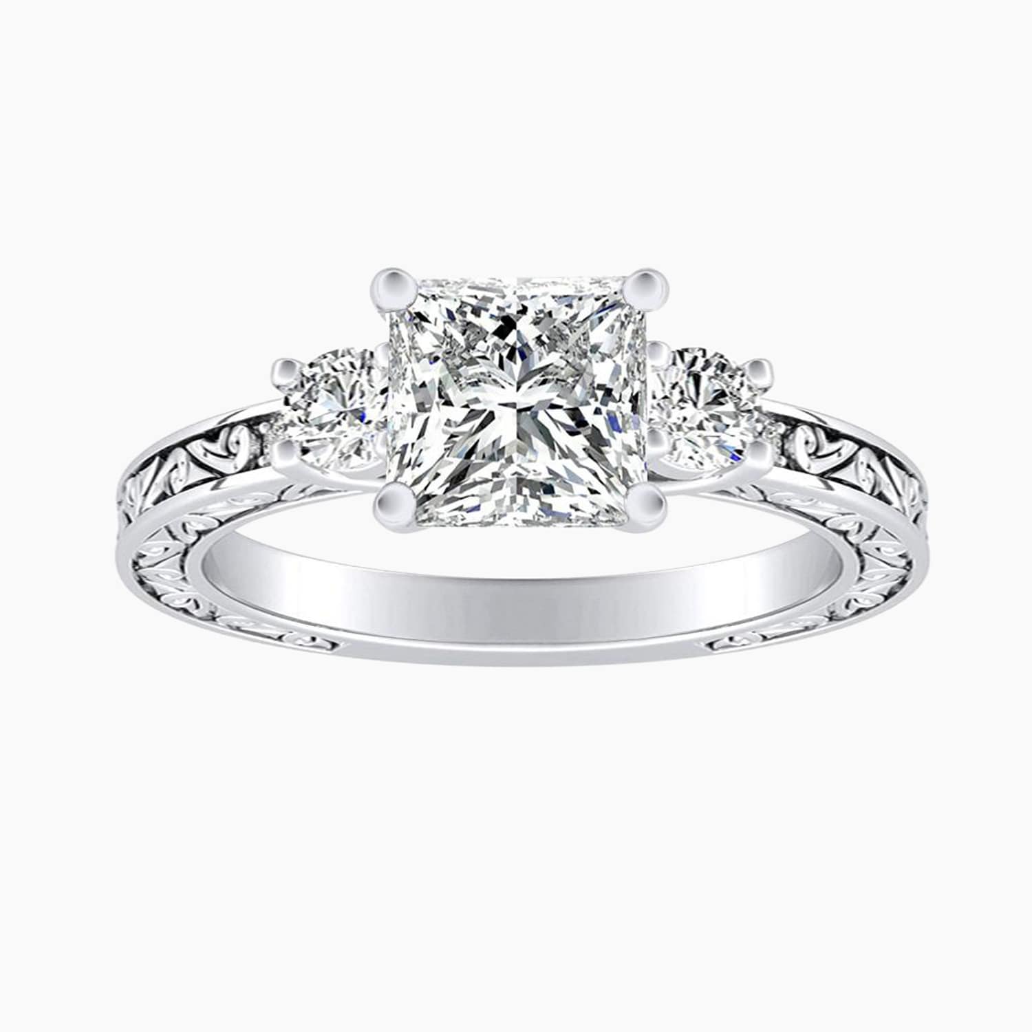 Auriya 14K Gold Lab Grown Diamond Princess Cut Three Stone Fern Leaf Antique Engagement Ring 1.32 5.32Ct. Tw. F G Vs