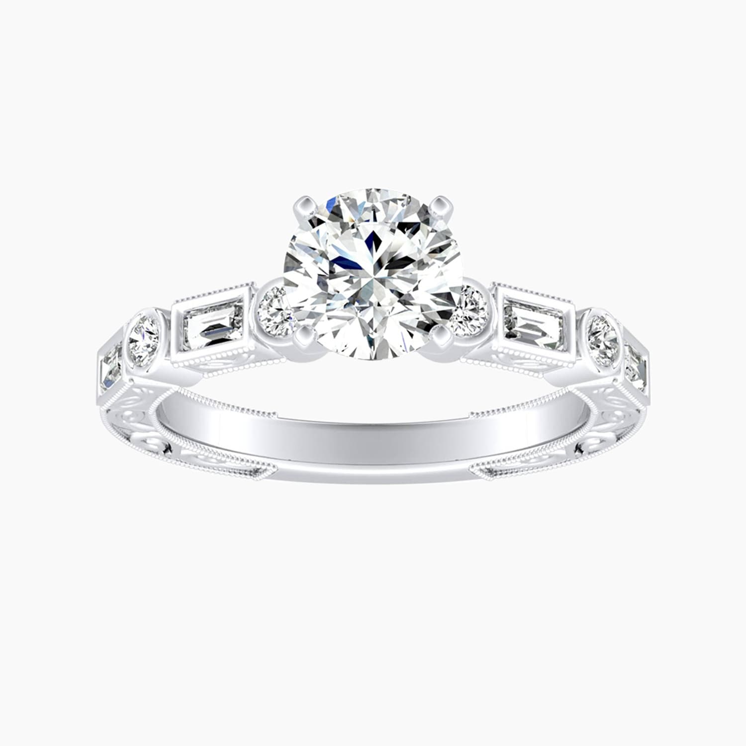 Auriya 14K Gold Lab Grown Diamond Round Bezel Multi Shape Art Deco Engraved Engagement Ring 1.32 5.32Ct. Tw. F G Vs