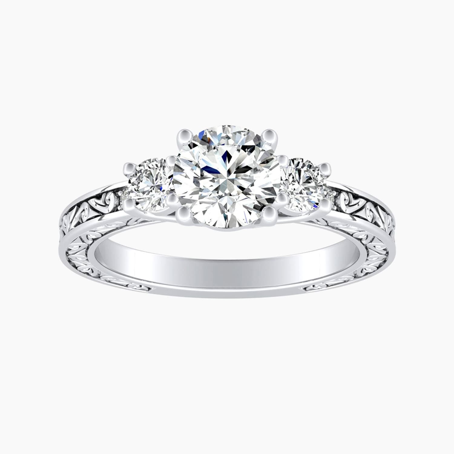 Auriya 14K Gold Lab Grown Diamond Round Three Stone Fern Leaf Antique Engagement Ring 1.32 5.32Ct. Tw. F G Vs
