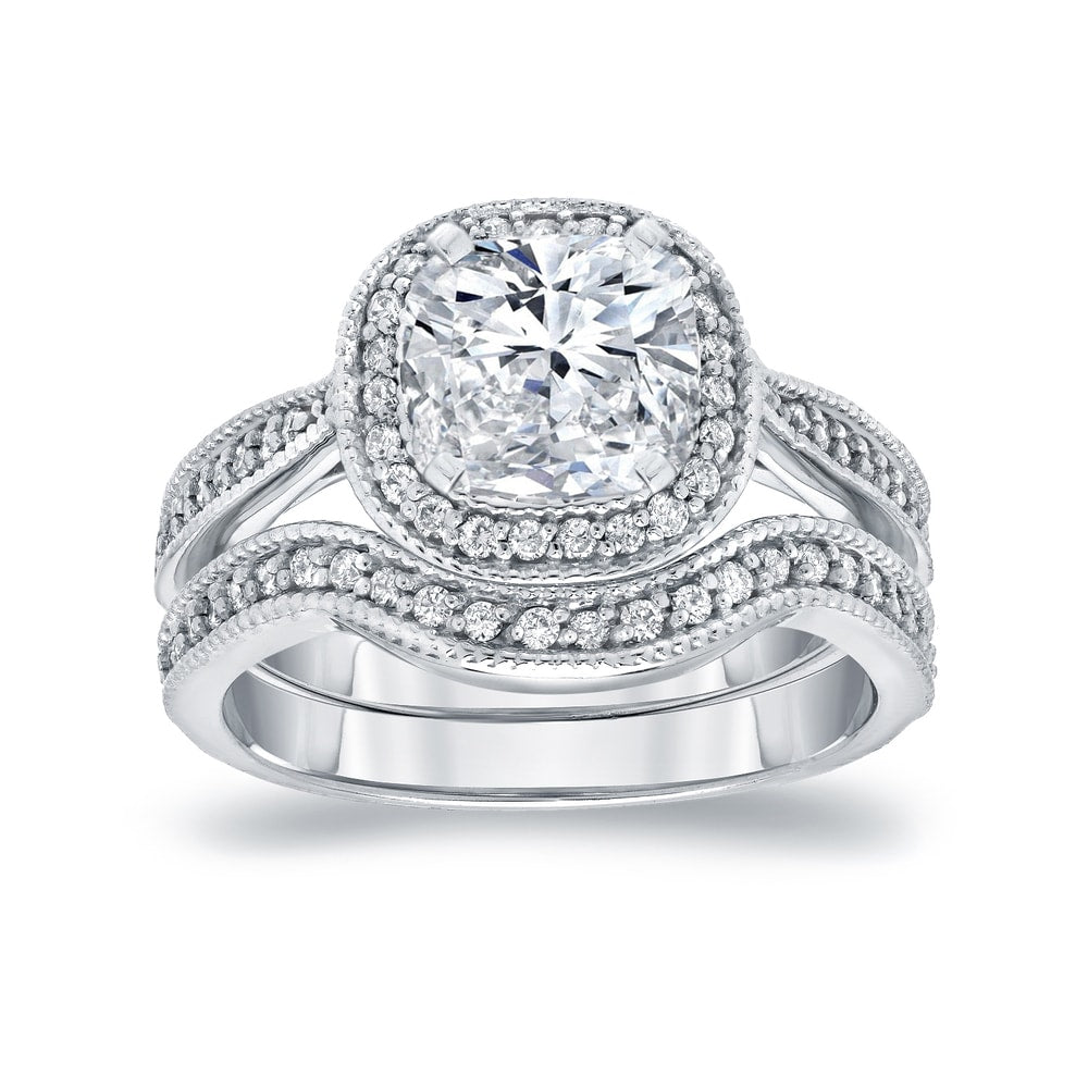 14K Gold Vintage 1 1 2Ct Tdw Certified Cushion Cut Halo Diamond Engagement Ring Set By Auriya