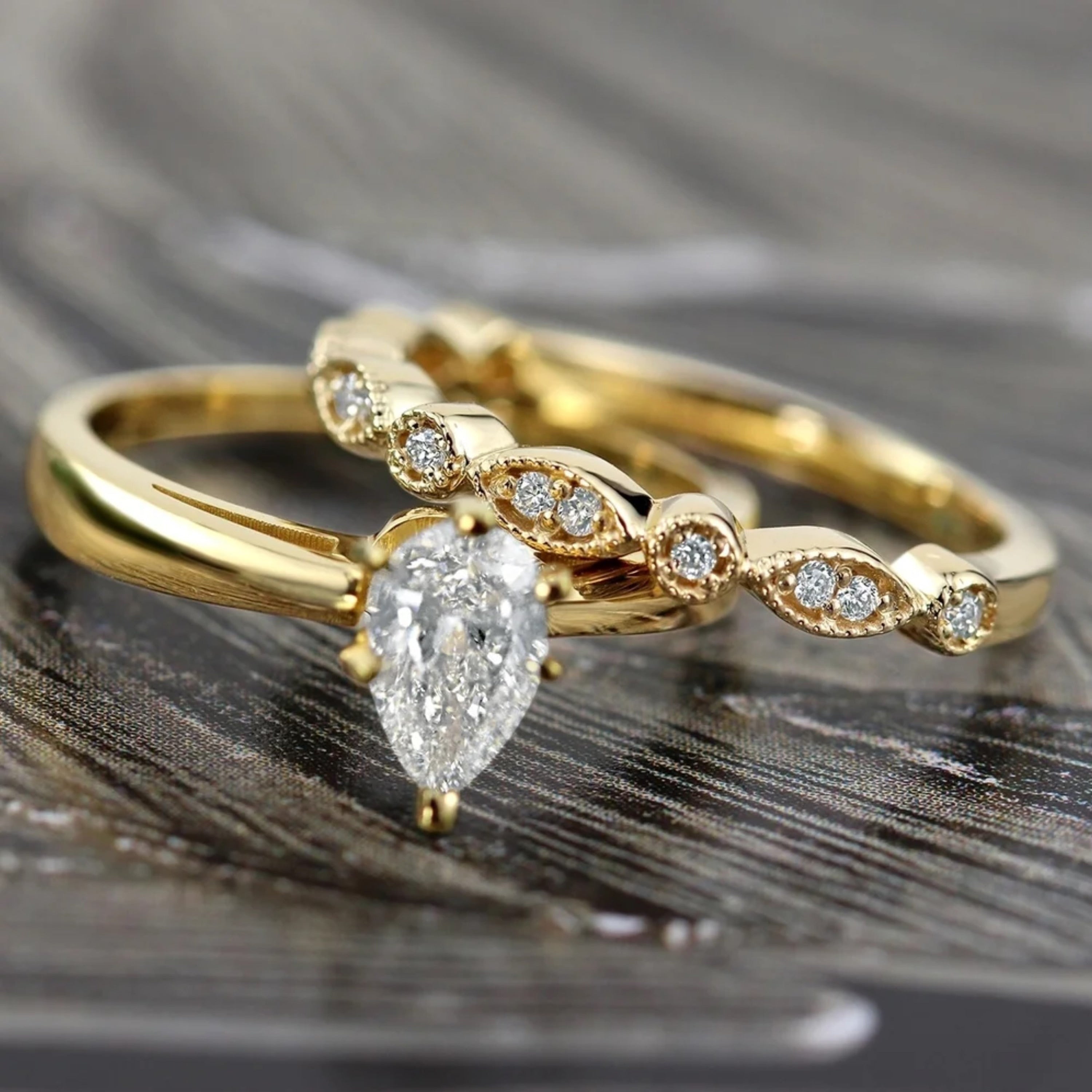 Auriya Vintage Stackable 1 2Ctw Pear Shaped Solitaire Diamond Engagement Ring Set 14K Gold