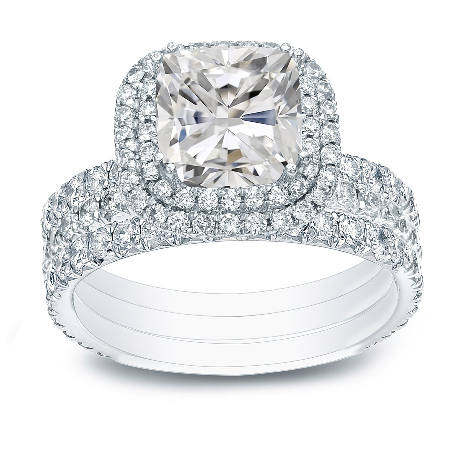 Auriya 14K Gold 2 1 2Ctw Cushion Cut Diamond Halo Engagement Ring And Wedding Band 3 Pc. Set