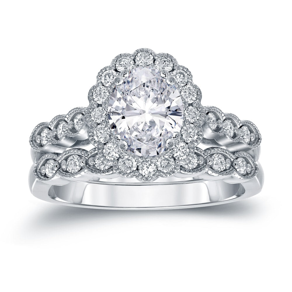 14K Gold 2 1 6Ct Tdw Certified Oval Diamond Halo Engagement Ring Set By Auriya