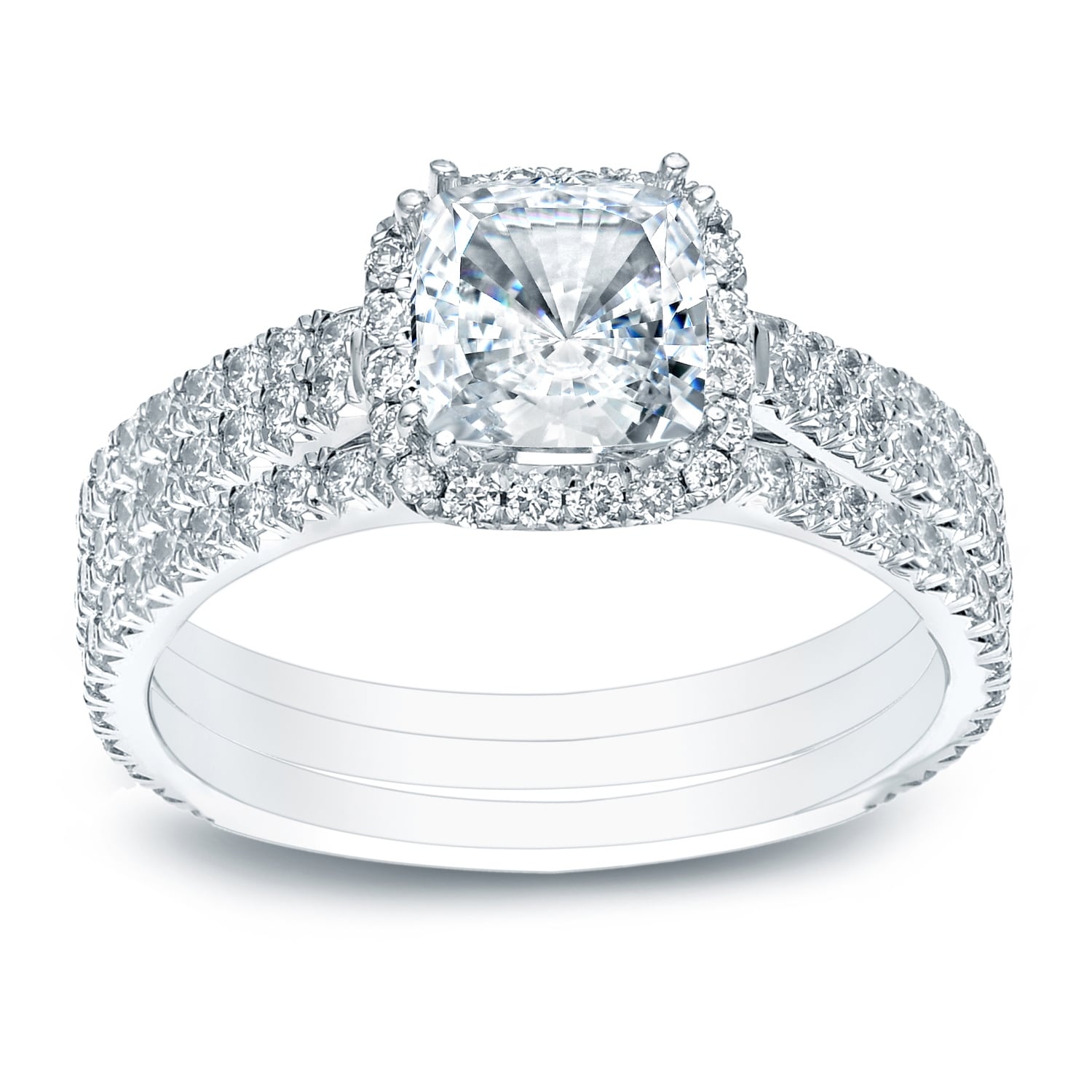 Auriya 2 2 5Ctw Cushion Cut Diamond Halo Engagement Ring And Wedding Band 3 Pc. Set 14K Gold