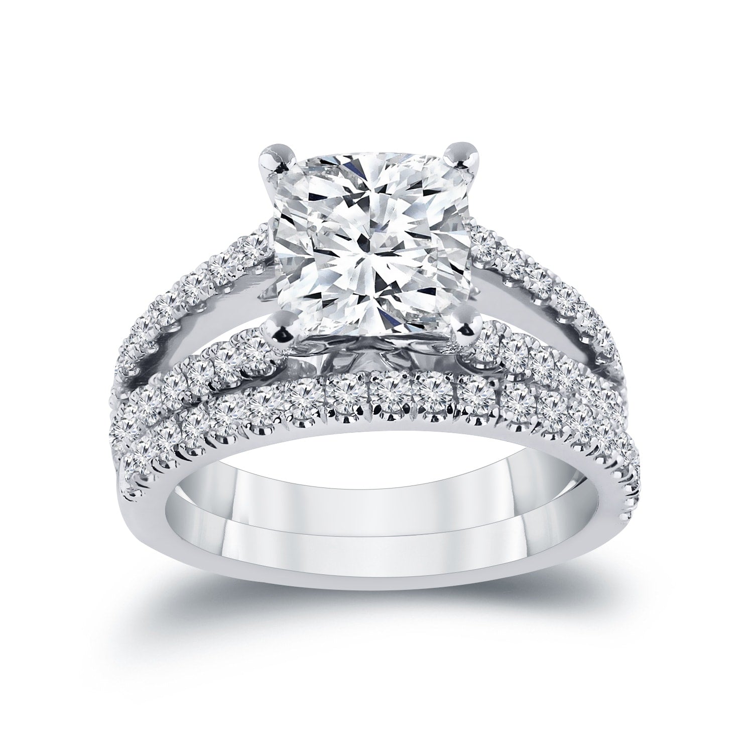 Auriya 14K Gold 2 3 4Ct Tdw Certified Cushion Cut Split Shank Diamond Engagement Ring Set