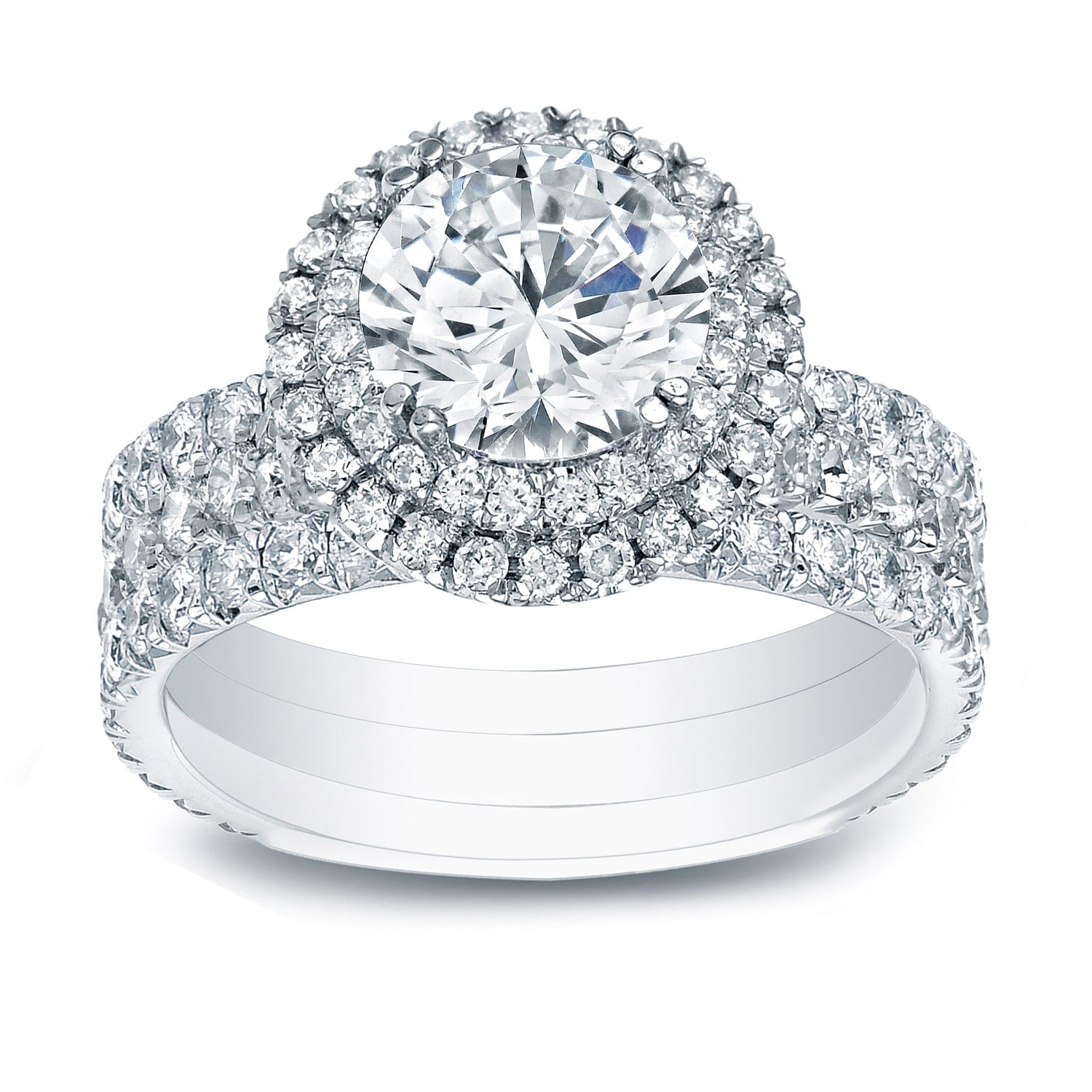 Auriya 2 3 8Ctw Round Diamond Halo Engagement Ring And Wedding Band 3 Pc. Set 14K Gold