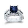 Auriya Cushion Cut 2Ct Blue Sapphire And 3 4Ctw Diamond Engagement Ring Set 14K Gold