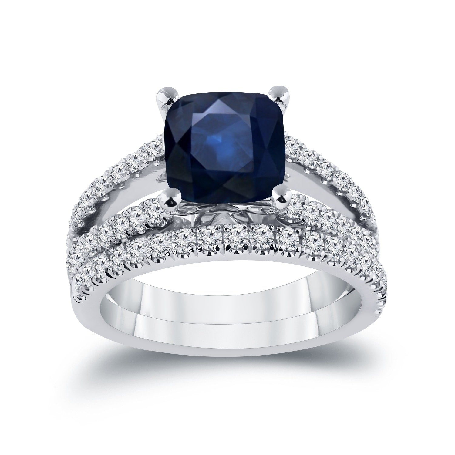Auriya Cushion Cut 2Ct Blue Sapphire And 3 4Ctw Diamond Engagement Ring Set 14K Gold