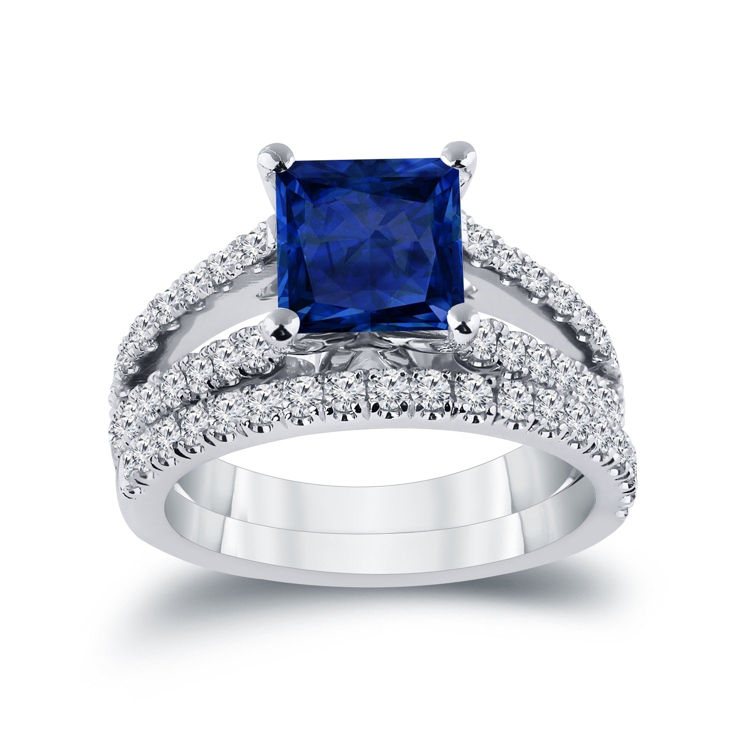 Auriya Princess Cut 2Ct Blue Sapphire And 3 4Ctw Diamond Engagement Ring Set 14K Gold