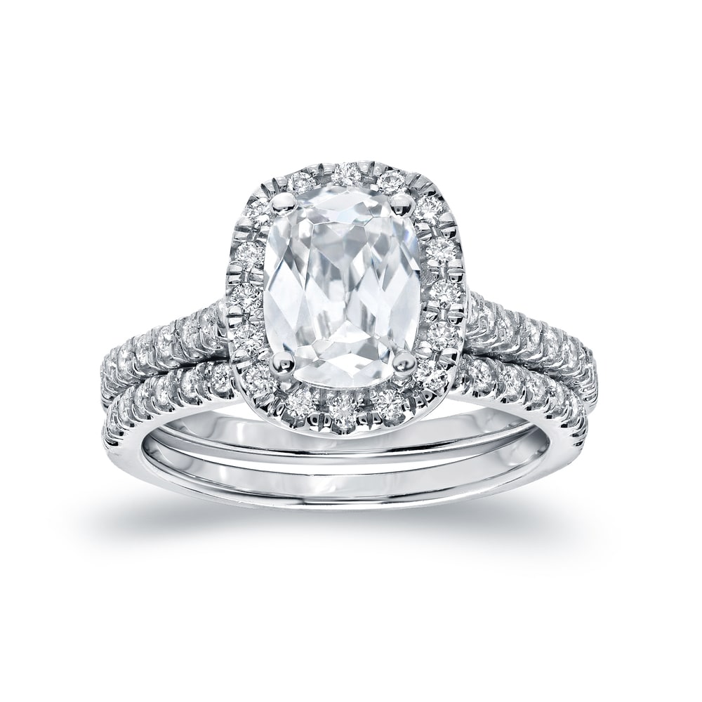Auriya 14K Gold 2Ct Tdw Certified Cushion Cut Diamond Halo Engagement Ring Bridal Set