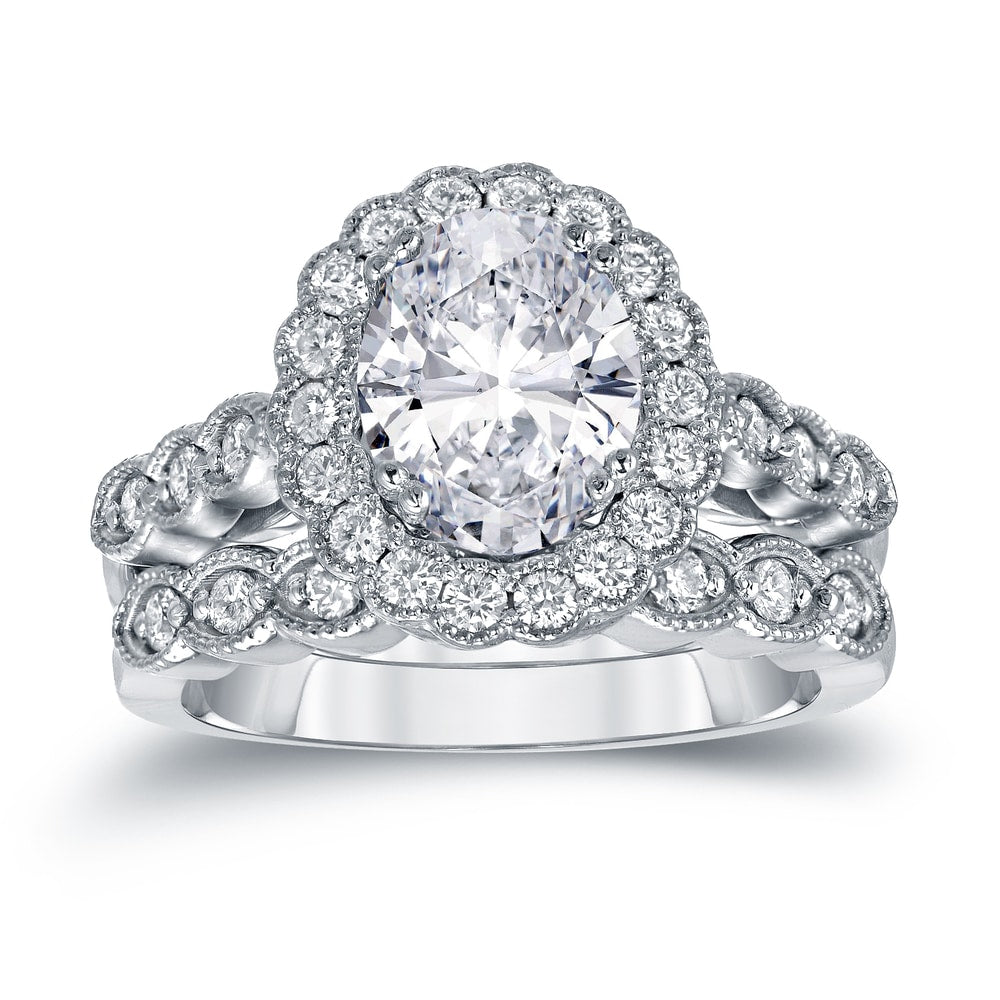 14K Gold 3 1 8Ct Tdw Certified Oval Diamond Halo Engagement Ring Set By Auriya