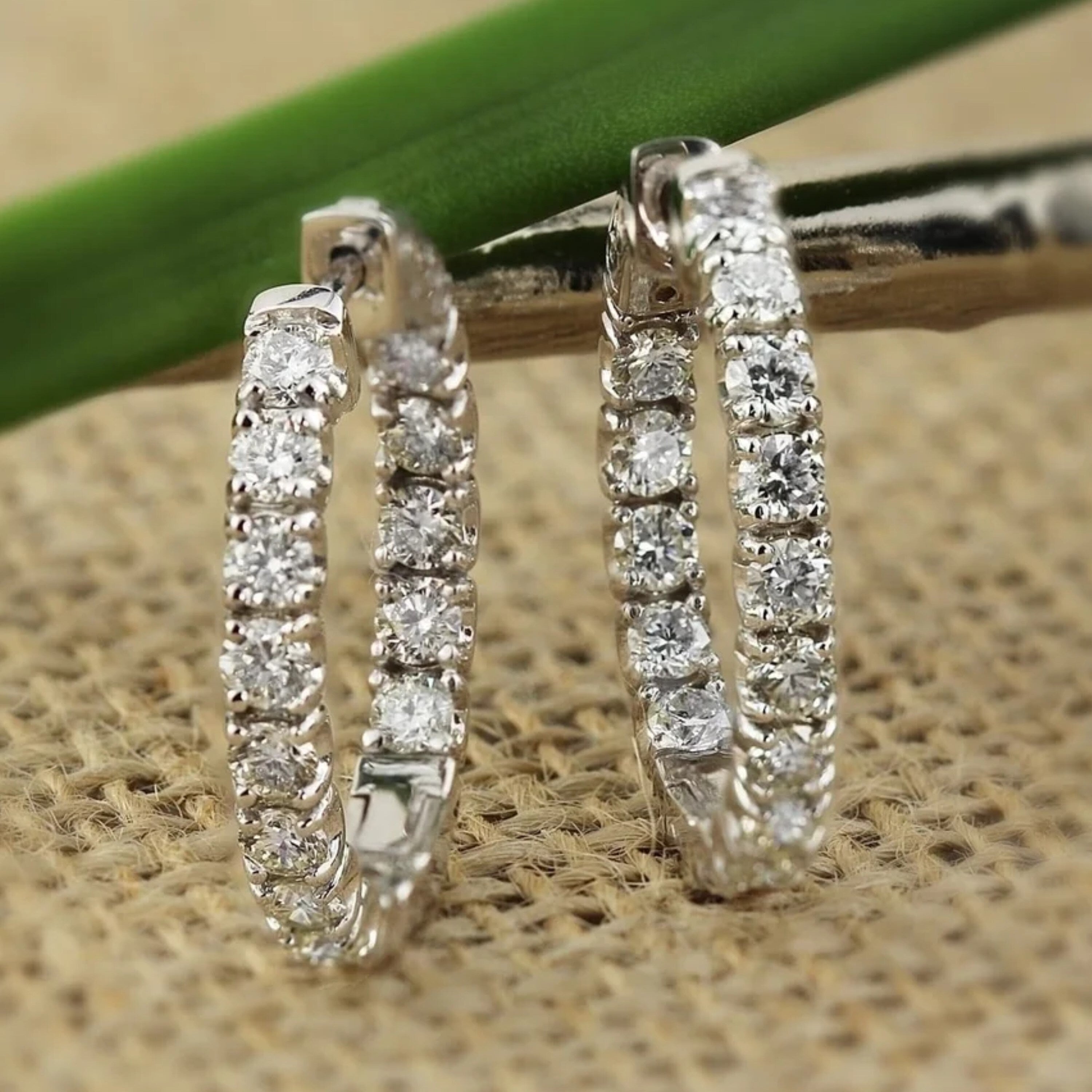 14K Gold 3Ct Tdw Small Inside Out Diamond Hoop Earrings
