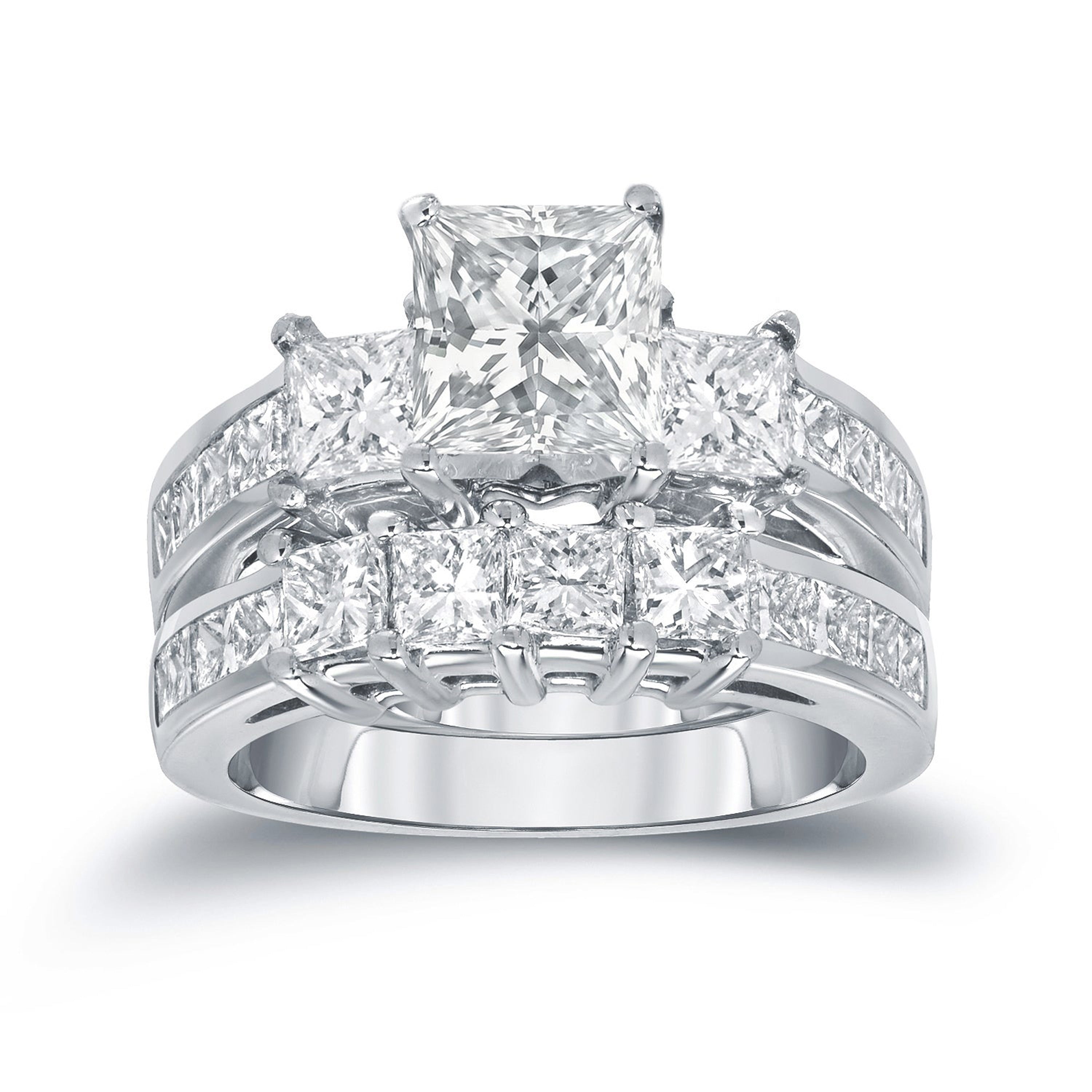 Auriya Three Stone 3 Carat Tw Princess Cut Diamond Engagement Ring Set 14K Gold