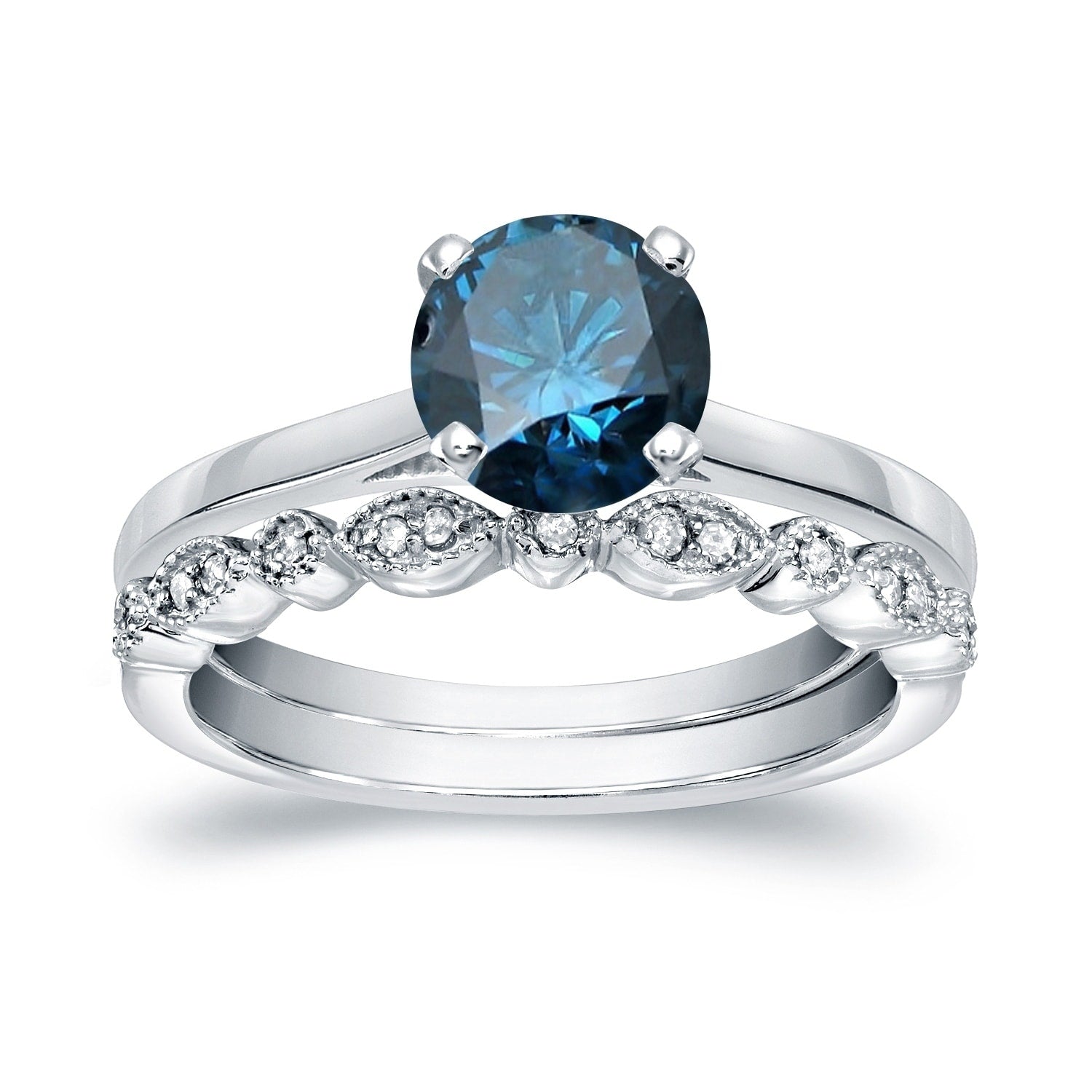 Auriya Vintage Stackable 7 8Ctw Solitaire Blue Diamond Engagement Ring Set 14K Gold