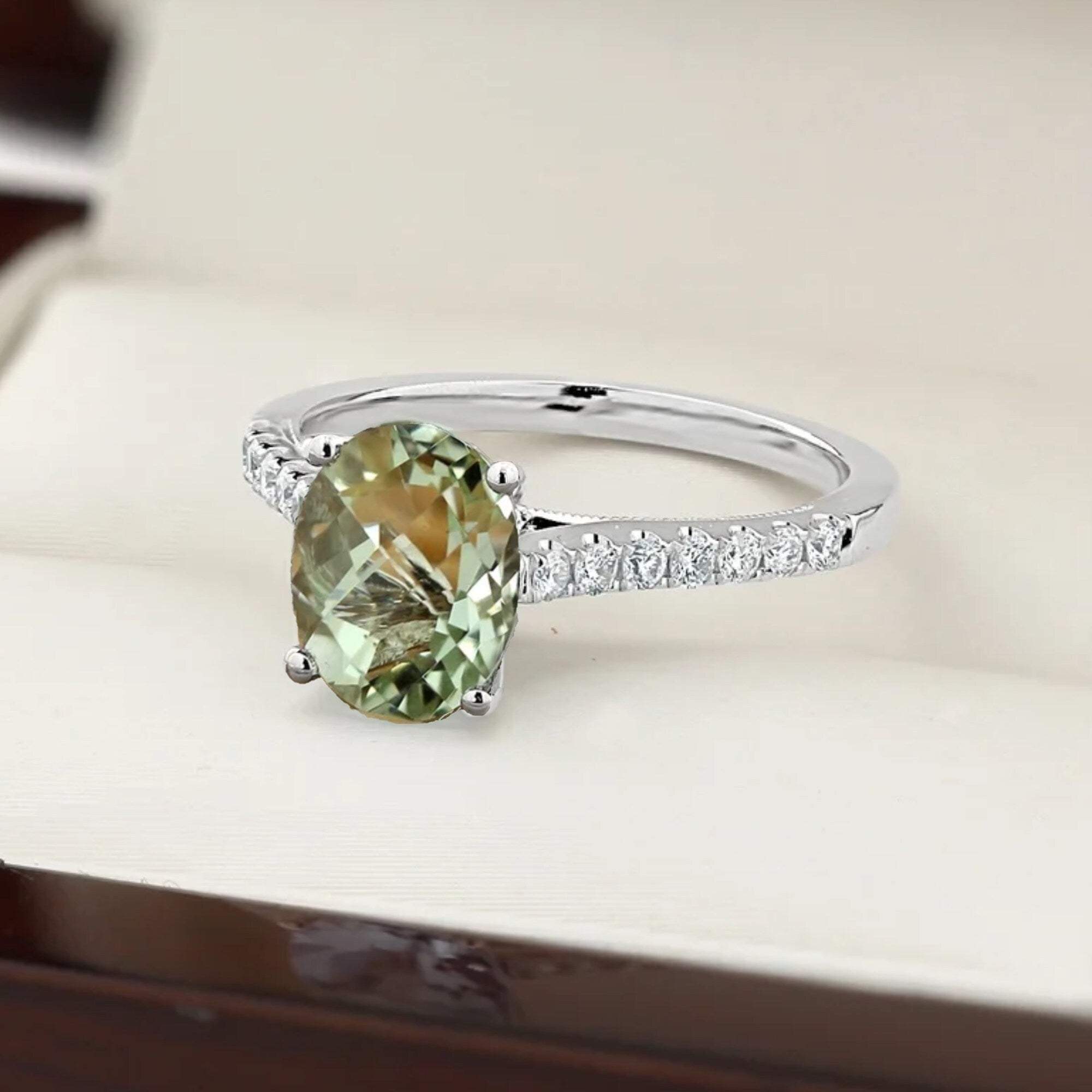 14K Gold 9 10Ct Fancy Oval Green Amethyst And 1 4Ct Tdw Diamond Engagement Ring By Auriya