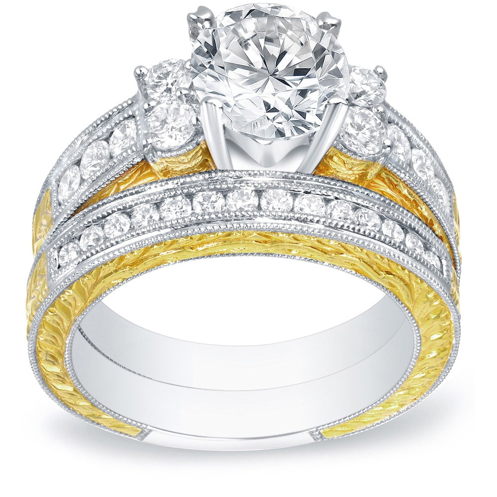 14K Two Tone Gold 2Ct Tdw Vintage Inspired Five Stone Diamond Engagement Ring Set By Auriya
