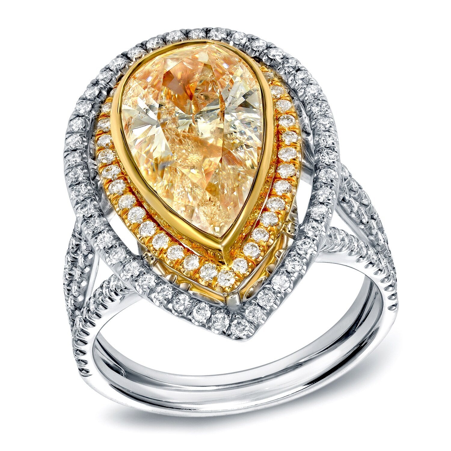 Auriya 14K Two Tone Gold 4Ct Tdw Fancy Yellow Diamond Pear Halo Ring G H Si1 Si2
