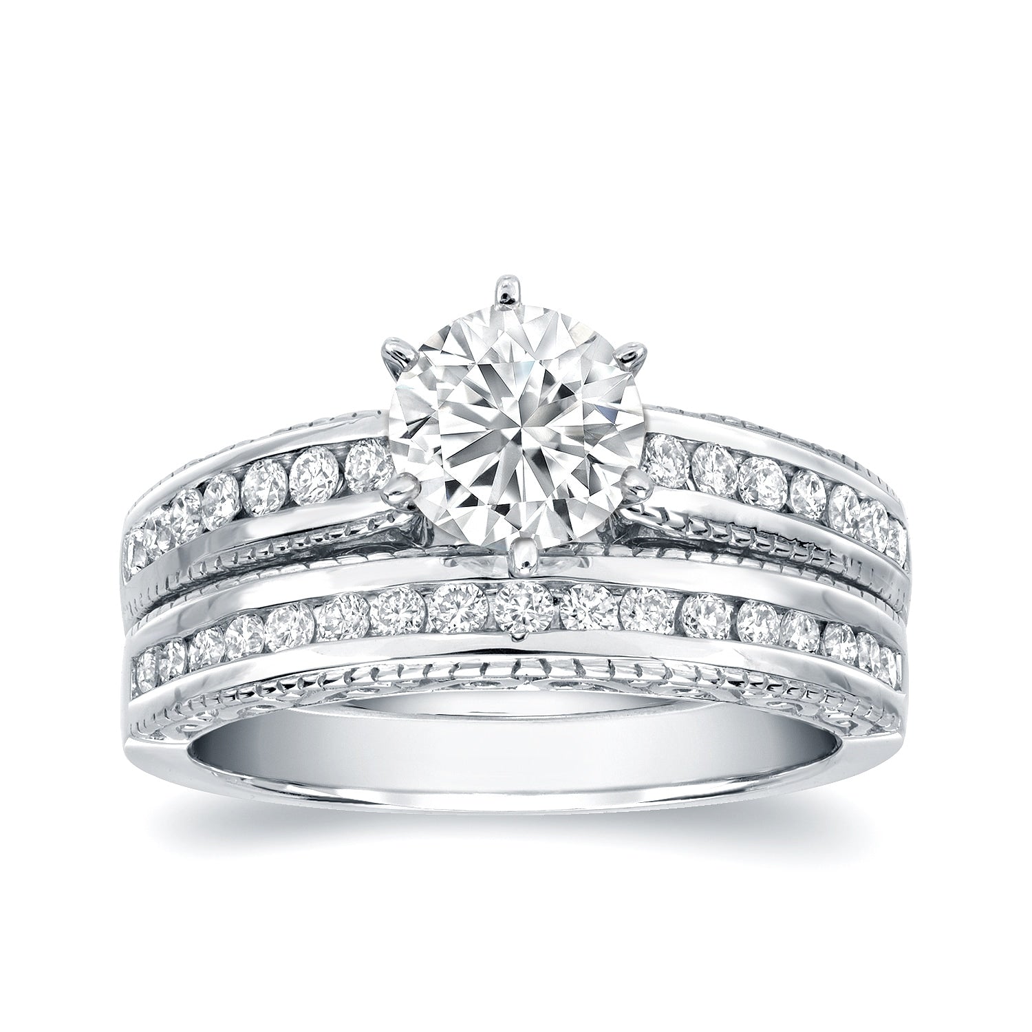 Auriya Vintage Inspired 1 1 2Ct Tdw Round Diamond Engagement Ring Set 14K Certified