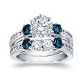 Auriya 2 3 4Ct Tdw 3 Stone White And Blue Diamond Engagement Ring Set 14K White Gold Certified