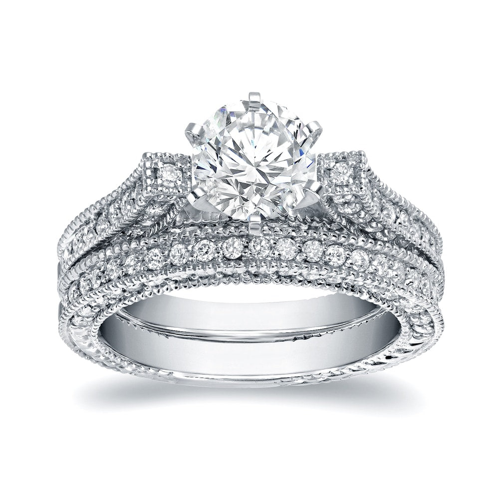 Auriya Vintage 2Ct Tdw Certified Round Diamond Engagement Ring Set 14K White Gold
