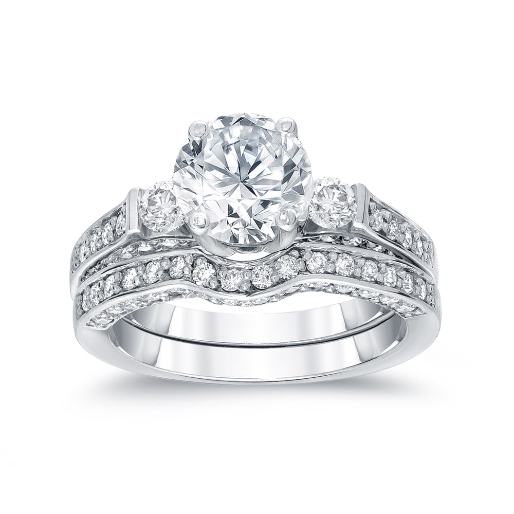 Auriya 2Ct Tdw Round 3 Stone Diamond Engagement Ring Set 14K Gold Certified