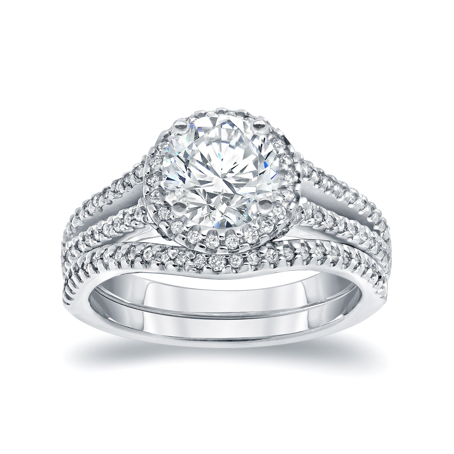 Auriya 2Ct Tdw Round Diamond Halo Engagement Ring Set 14K White Gold Certified