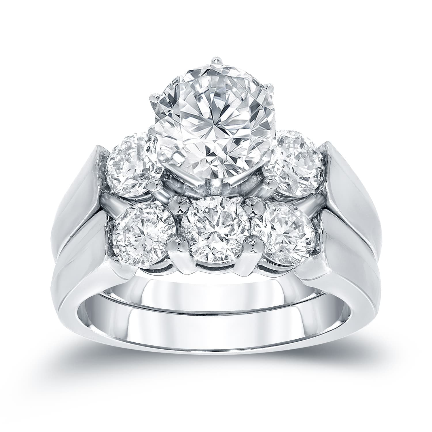 Auriya 3 Carat Tw Round 3 Stone Diamond Engagement Ring Set 14K White Gold Certified