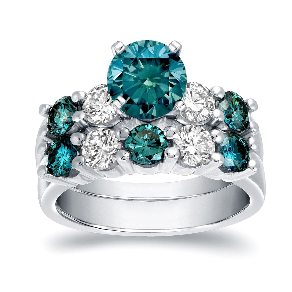 Auriya Modern 4Ct Tdw Round Blue And White Diamond Bridal Set 14K White Gold