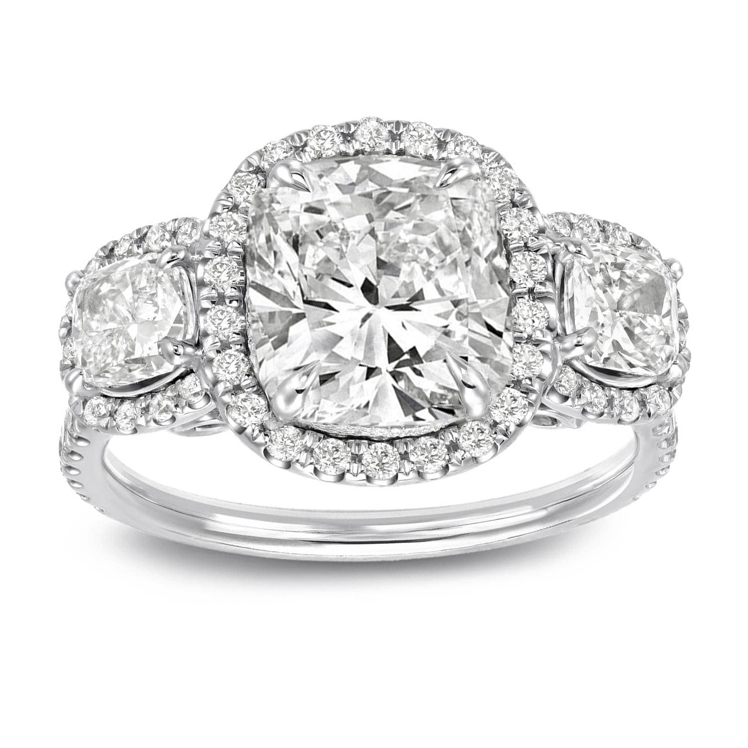 Three Stone 4 2 5Ct Tdw Certified Cushion Cut Diamond Halo Engagement Ring In 14K Gold By Auriya
