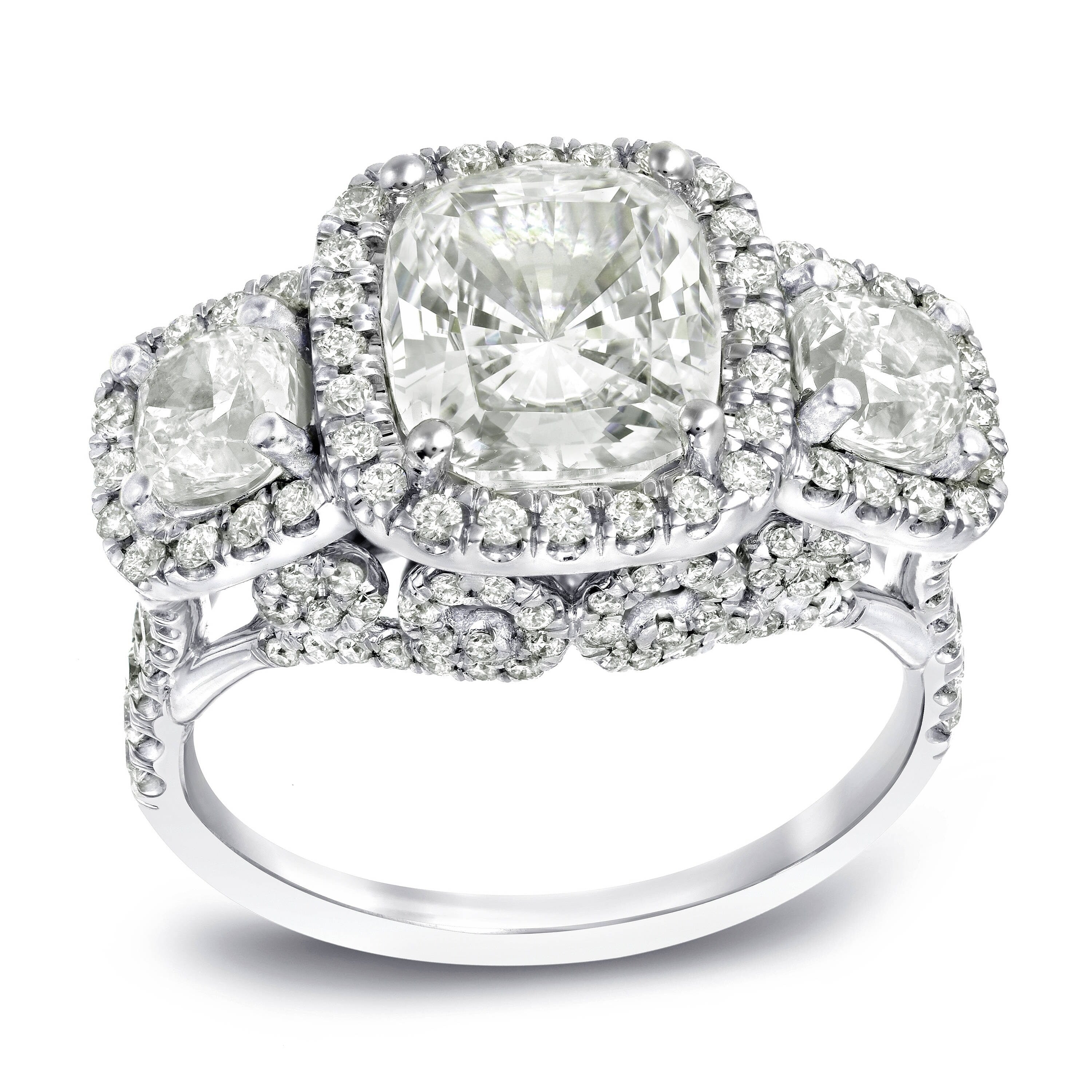 Three Stone 5Ct Tdw Certified Cushion Cut Diamond Halo Engagement Ring In 18Kt Gold By Auriya