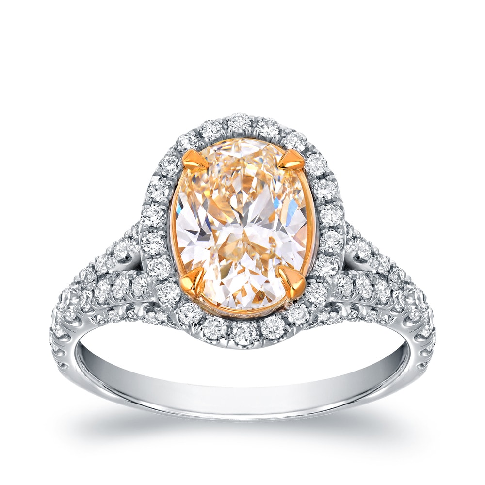 Auriya 18K Two Tone Gold 2 7 8Ct Tdw Fancy Yellow Oval Cut Diamond Halo Engagement Ring