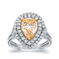 Auriya 18K Two Tone Gold 3Ct Tdw Certified Natural Fancy Yellow Diamond Pear Double Halo Ring Vs1 Vs2