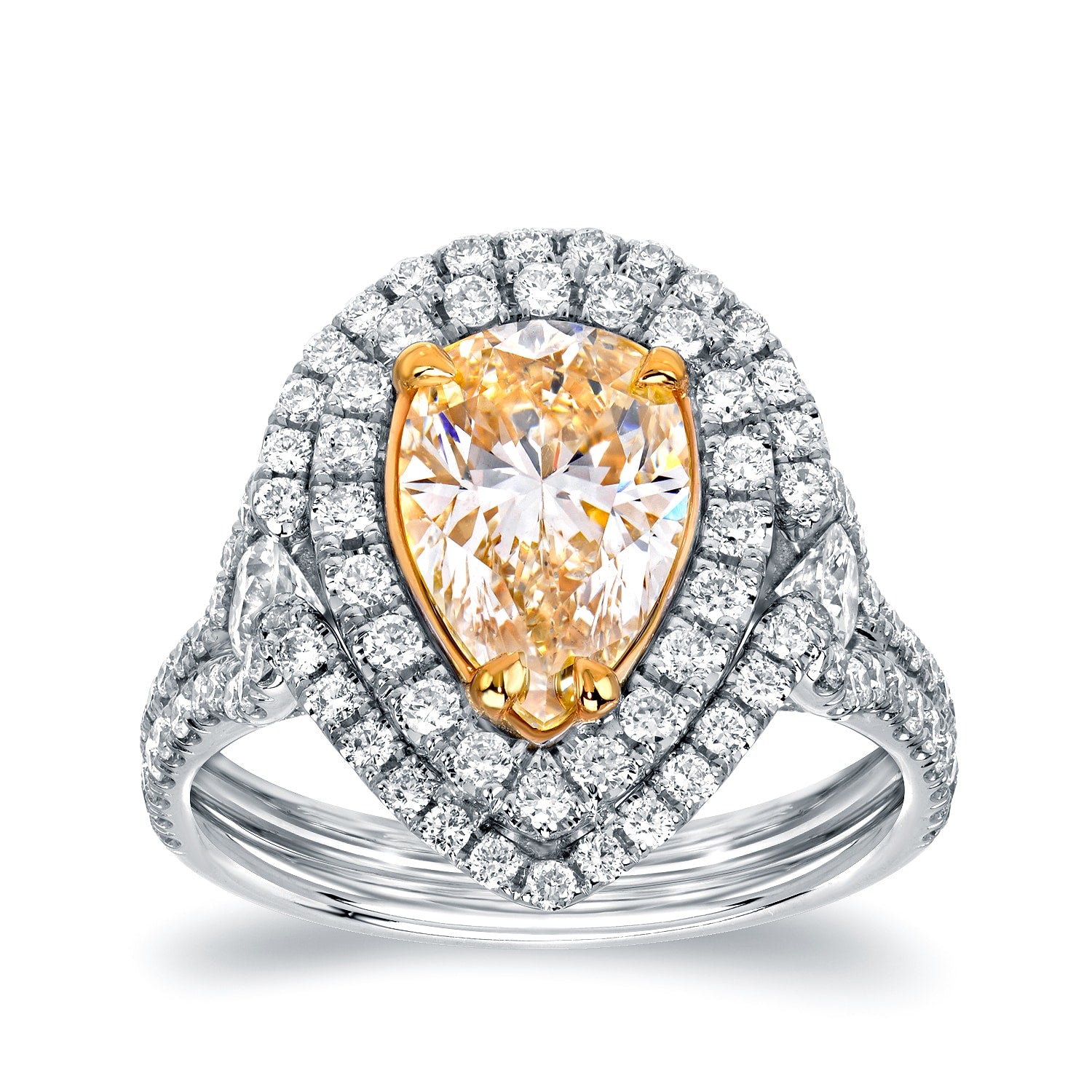 Auriya 18K Two Tone Gold 3Ct Tdw Certified Natural Fancy Yellow Diamond Pear Double Halo Ring Vs1 Vs2