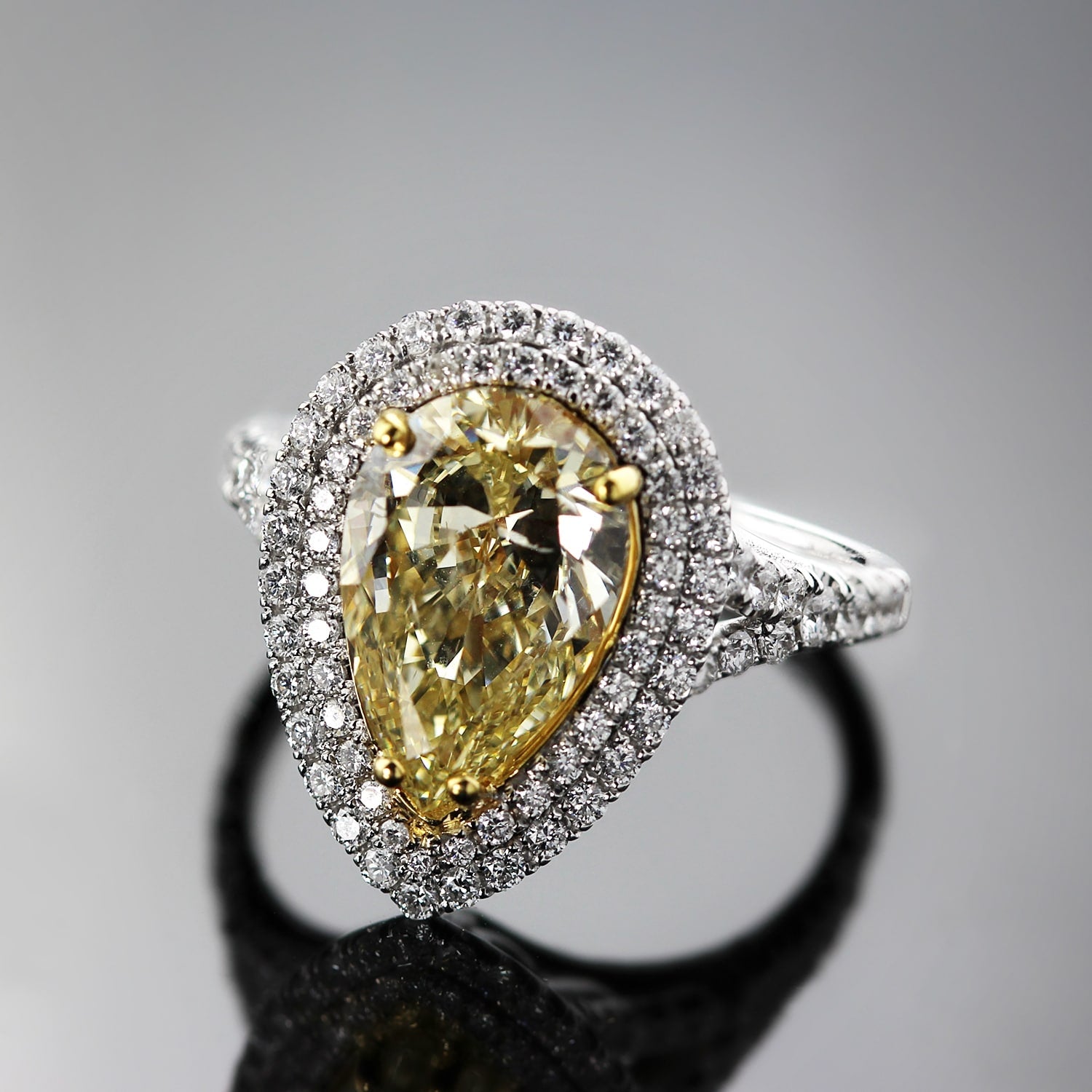 Auriya 18K Two Tone Gold 4Ct Tdw Fancy Yellow Diamond Pear Shape Halo Engagement Ring