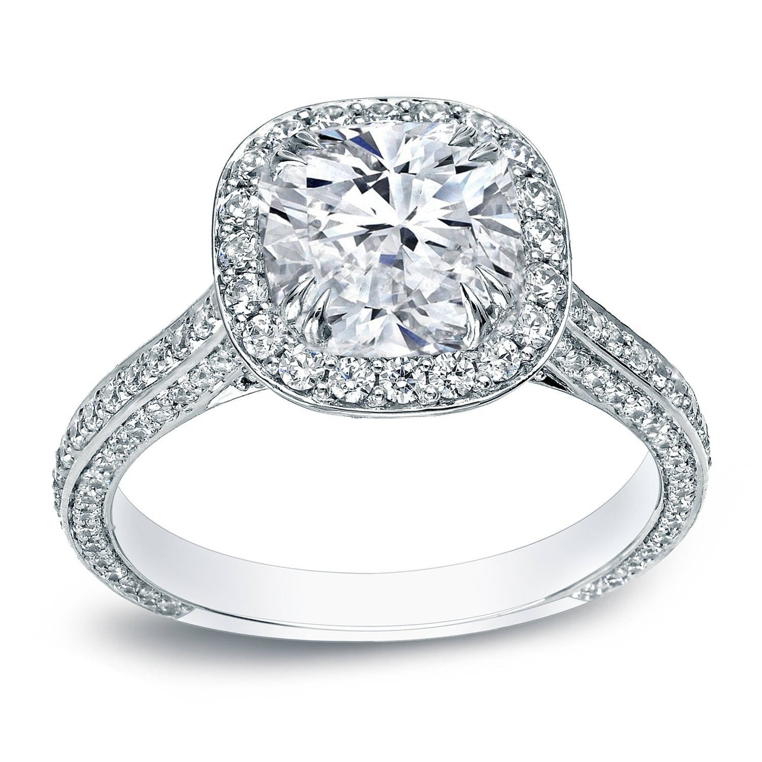 Auriya 18K White Gold 3Ct Tdw Certified Cushion Halo Pave Engagement Ring