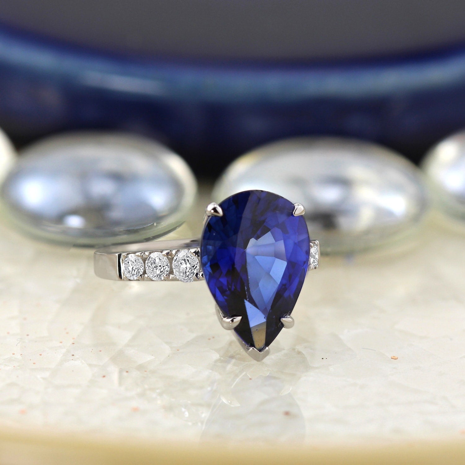 Auriya 6 1 3Ct Pear Shaped Sapphire And 3 8Ct Tdw And Side Stone Diamond Ring 18K Gold