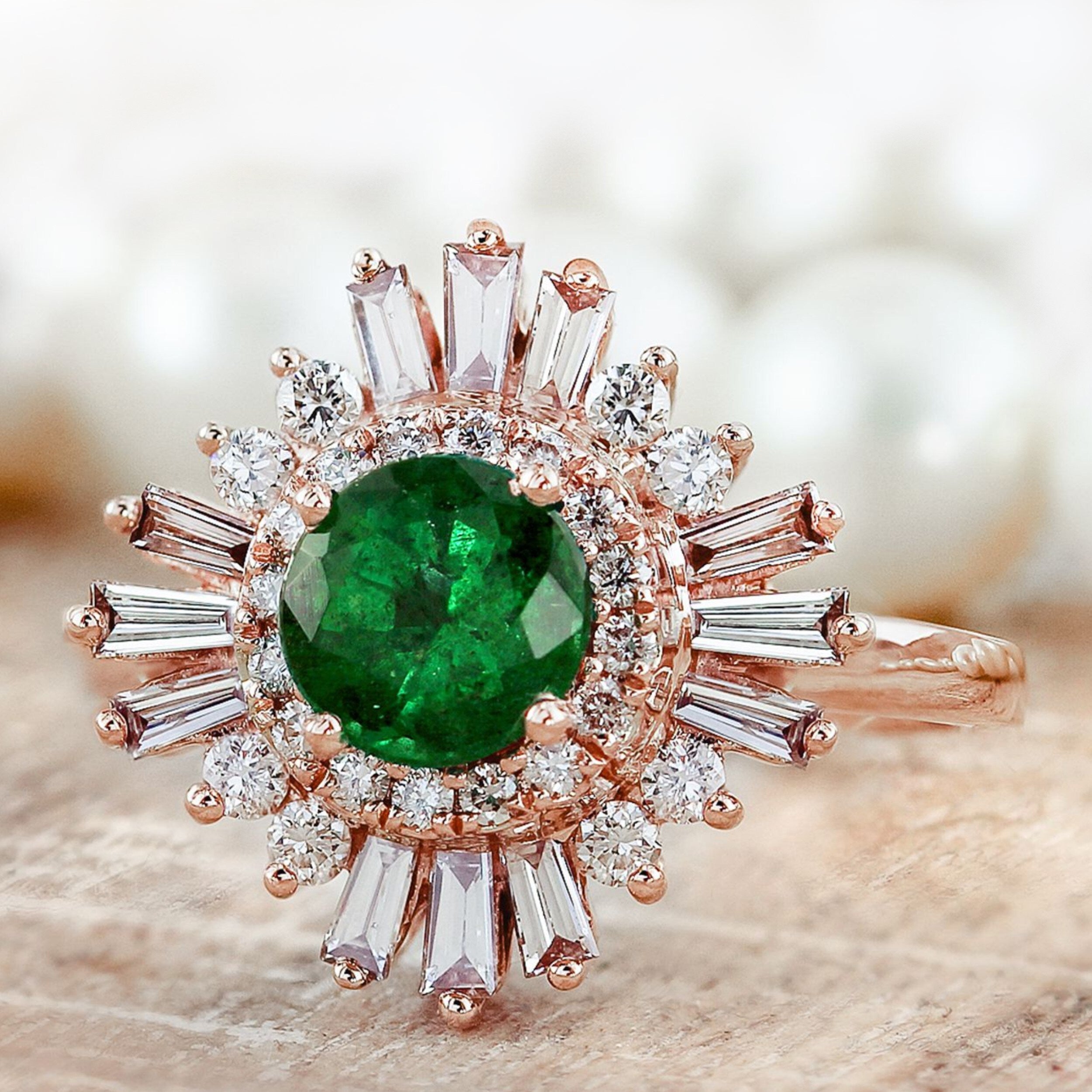 Auriya 14K Gold Vintage Ballerina 1Ct Round Emerald And 3 4Ct Baguette Halo Diamond Engagement Ring